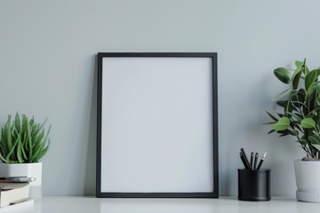 Rectangular mock up frame with reflection and blue background, copy space