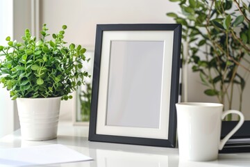 Rectangular mock up frame with reflection and blue background, copy space