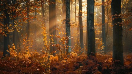 Fototapeta premium Enchanting woodland bathed in the golden glow of autumnal foliage
