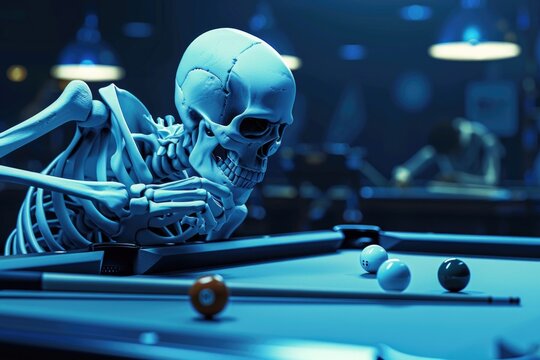 A skeleton sitting on a pool table with balls and sticks