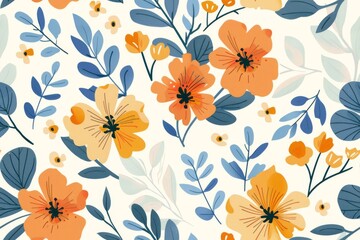 Floral Seamless Pattern: Blue, Orange, and Yellow