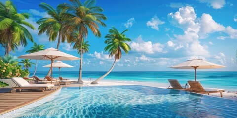 Fototapeta premium A pair of lounge chairs placed beside a swimming pool, perfect for relaxation and leisure time