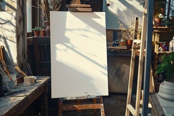 Wooden easel with blank canvas and painting tools near color wall in artist's workshop and copy space