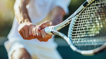 Detailed close up of tennis player s hands gripping the racket in mid swing action