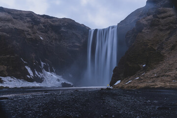 Skógafoss is one of Iceland’s biggest and most beautiful waterfalls with an astounding width of 25 meters and a drop of 60 meters from a steep cliff, South coast, Iceland