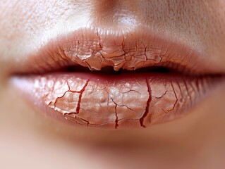 Fototapeta premium Close-up of Cracked Lips with Gold Lipstick