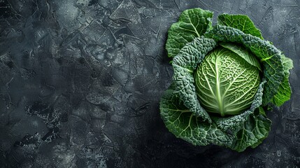 Fototapeta premium Fresh green cabbage on a wooden background, top view, space for text on the side