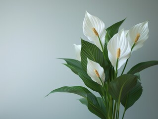 Close-up of Peace Lily with White Blooms and Lush Green Leaves Against a Soft Blue Background
