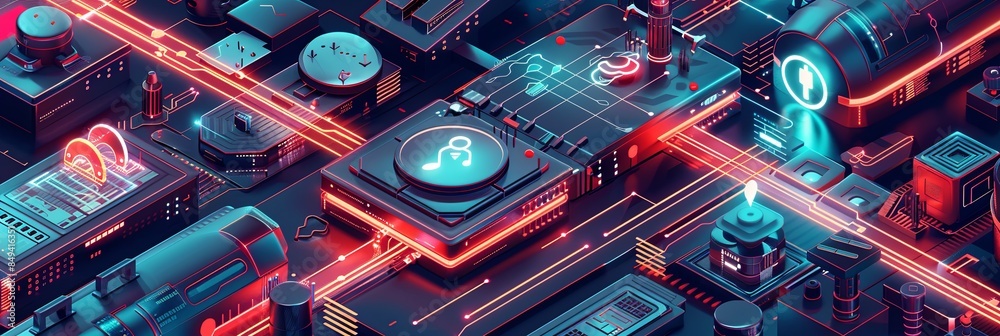 Poster abstract illustration of a complex network protected by ai algorithms. digital locks, shields, and n