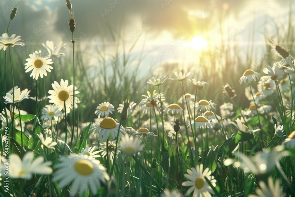 Poster a picturesque scene of a field of daisies with the sun setting in the background, perfect for use in