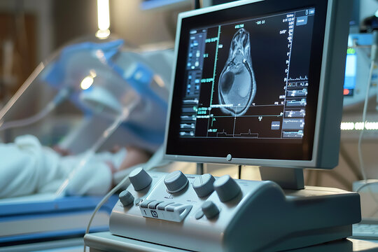 A detailed echograph of a fetus on an advanced ultrasound monitor in a modern medical office.
