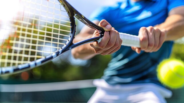 Close up of tennis player s hands tightly gripping racket in powerful swing motion