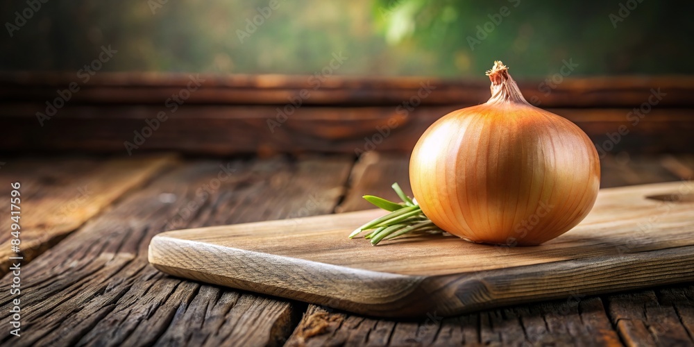 Poster fresh organic onion on a wooden cutting board , farm, natural, healthy, garden, produce, ingredient, - Posters