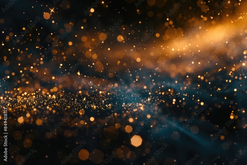 Poster blurry image of gold lights on a dark background, ideal for use in mysterious or futuristic designs