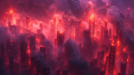 Fototapeta premium A dystopian cityscape with skyscrapers engulfed in flames and thick smoke, creating a dramatic and apocalyptic atmosphere.