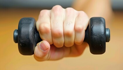 Athlete s hand gripping dumbbell in intense strength training for enhanced performance