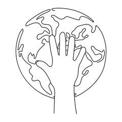 Continuous line drawing of the Earth globe in the foreground of a child's hand. Peace in the whole world. Vector illustration