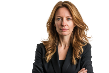 Portrait of confident executive businesswoman wear black suit looking at camera isolated on transparent background.
