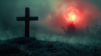 Obraz premium A dark, eerie landscape with a large cross in the foreground and a glowing red moon in the background. The scene is shrouded in mist and has an ominous atmosphere.