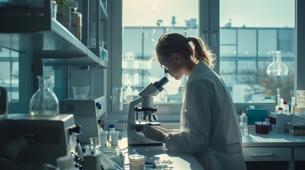 laboratory worker female looking in microscope