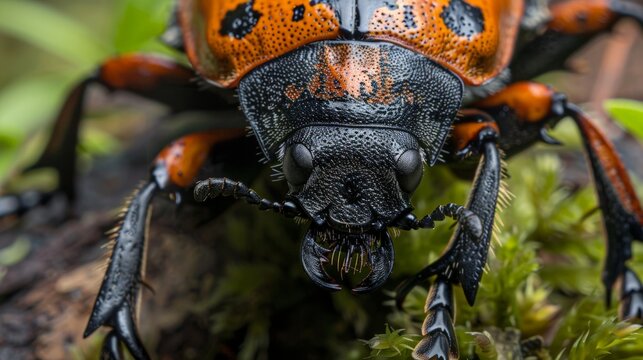 The image shows a close-up of a red and black beetle with a shiny exoskeleton