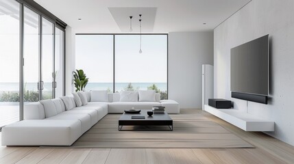 Experience the beauty of minimalist living with this sleek and stylish living room, designed for modern living