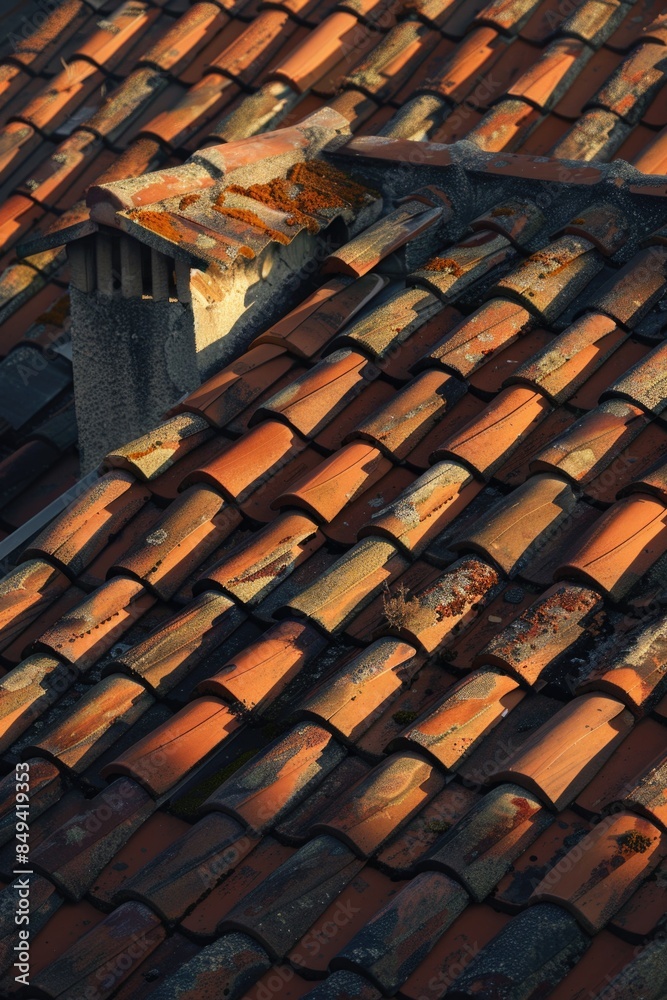 Poster A close-up shot of a roof with a small window, suitable for use in architecture or real estate contexts