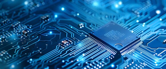 Close up of microchip circuit with neon lights in detail. Futuristic server printed circuit board. Futuristic server code processing circuit board.