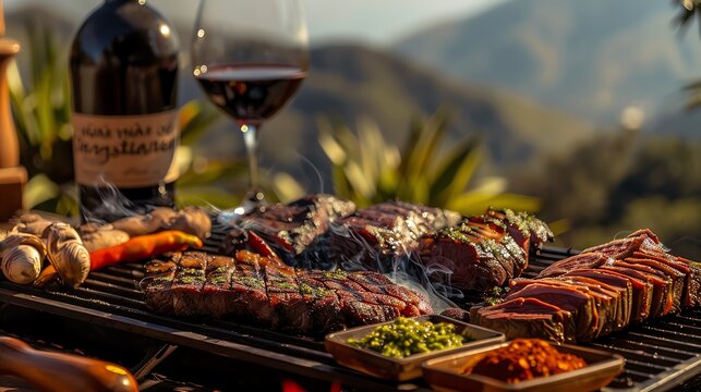 Succulent Argentine asado with various cuts of meat on a parrilla grill