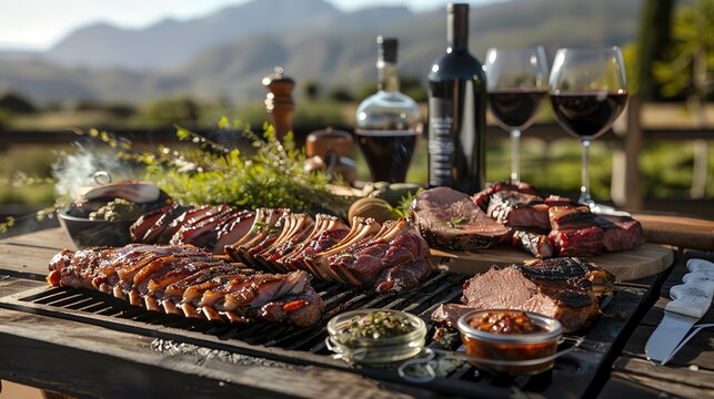 Succulent Argentine asado with various cuts of meat on a parrilla grill