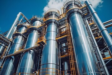 Agricultural silo at feed mill factory. Tank for store grain, corn, soybean in feed manufacturing. Animal feed factory