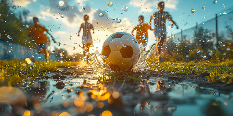 football or soccer player running fast and kicking a ball while training and playing a match at dramatic stadium shot. dynamic active pose of skill development success in sports