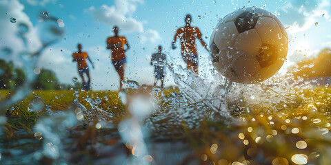 football or soccer player running fast and kicking a ball while training and playing a match at dramatic stadium shot. dynamic active pose of skill development success in sports
