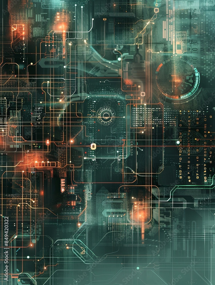 Poster Abstract digital art depicting a futuristic cybersecurity network, protected by AI algorithms and digital locks. Generative AI