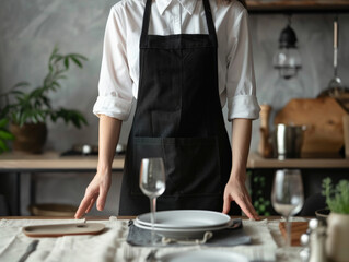 Waiter setting a dining table with glassware and plates in a rustic restaurant. Focus on preparation and hospitality details.