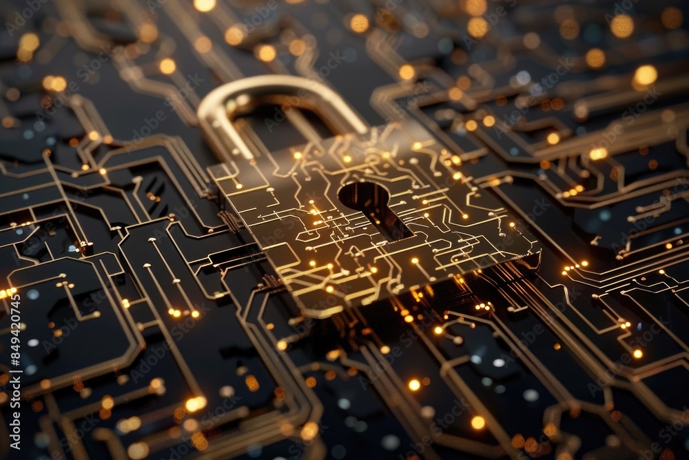 Poster Close-up shot of a computer circuit board with a padlocked component