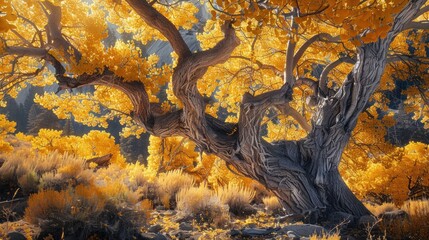 Naklejka premium Golden leaves adorn majestic trees, capturing the essence of fall beauty