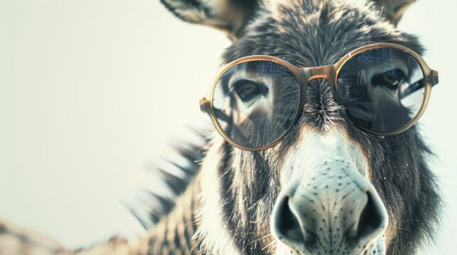A close-up shot of a donkey wearing glasses