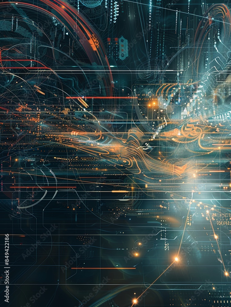 Fototapete an abstract visualization of big data processing with information streams, complex graphs, and digit