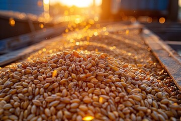 Obraz premium Close-up of wheat grain on a conveyor belt