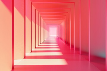 Obraz premium A long hallway with many colorful walls and a blue door