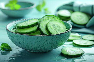 A bowl of cucumbers sits atop a blue counter with an adjacent bowl of cucumbers