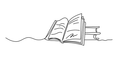 Open book one line line drawings. Bookstore, library continuous one line illustration. The concept of knowledge and students. Vector minimalist linear illustration. © Maryna
