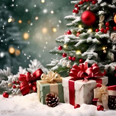 Festive Christmas Tree with Snow-Covered Pinecones and Wrapped Gifts in a Wintry Wonderland
