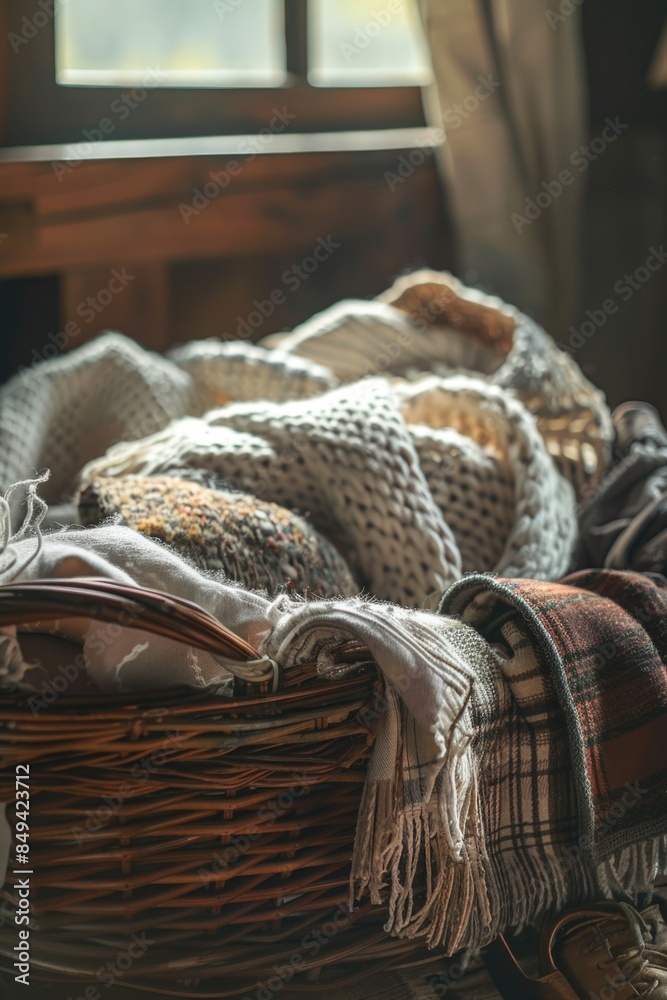 Poster A basket filled with blankets sitting on top of a table
