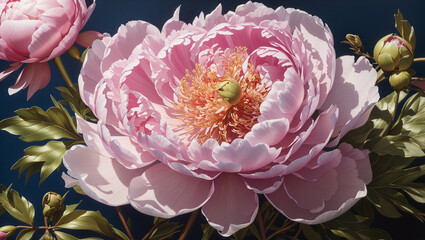 a pink peony flower with a dark background. The flower has a light pink outer petals and a deeper pink inner petals. The petals are fully open and the flower is in full bloom. The peony is surrounded 