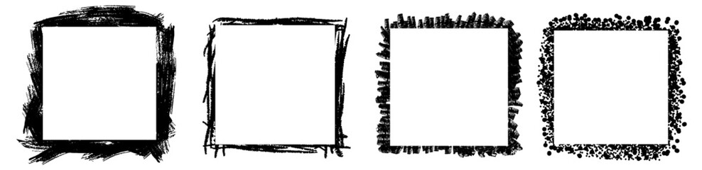 Set of stylish black grunge frames different shapes. Square brush stroke borders.  Urban street graffiti style with splash effects and drops.  Vector Illustration