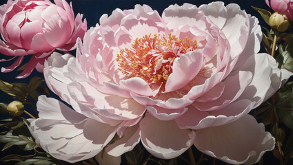 a pink peony flower with a dark background. The flower has a light pink outer petals and a deeper pink inner petals. The petals are fully open and the flower is in full bloom. The peony is surrounded 