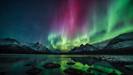 Naklejka premium beautiful aurora in the nothern sky above the mountain