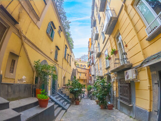 Narrow alley in Naples with fisheye effect